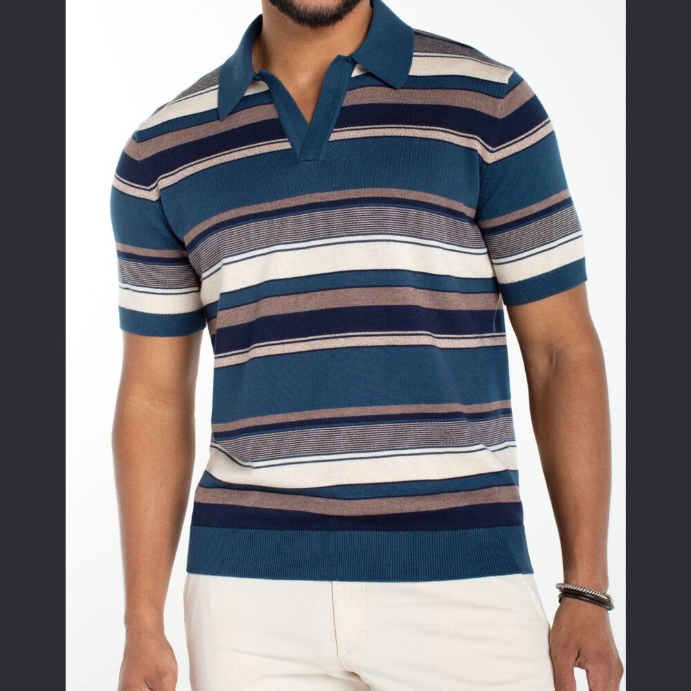 Liverpool Johnny Collar Mens M Striped Knit Polo Shirt Blue Brown Short Sleeve